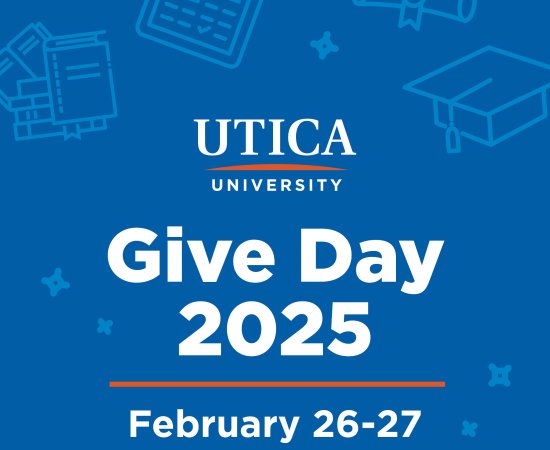 Blue Background with Utica University logo and words Give Day 2025