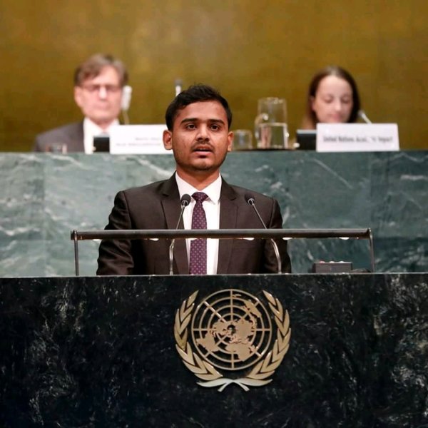 Ashham Saleel speaks in front of UN general Assembly