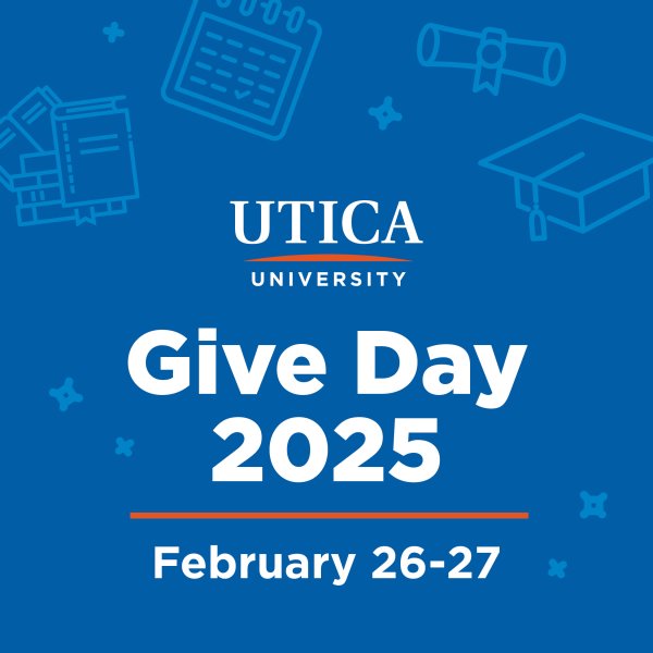 Blue Background with Utica University logo and words Give Day 2025